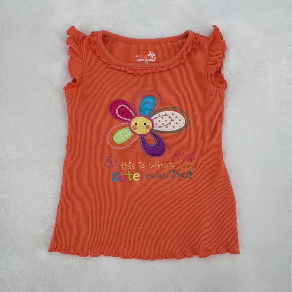 Vintage Okie Dokie Tank Top Girls Sz 2T Orange Ruffle 100% Cotton Graphic Shirt
